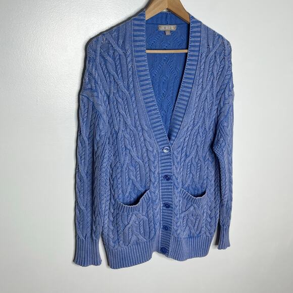 J. Crew Cable Knit Cardigan Sweater Womens Small Blue V Neck Long Pockets Cotton - Picture 3 of 9